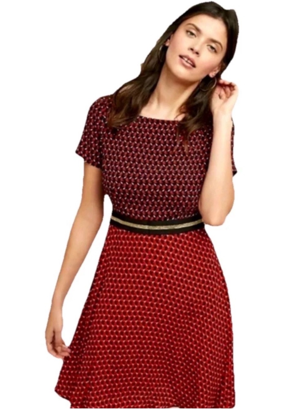 Anthropologie Bunny Rabbit Red Patterned Short-Sleeve Fit & Flare Dress